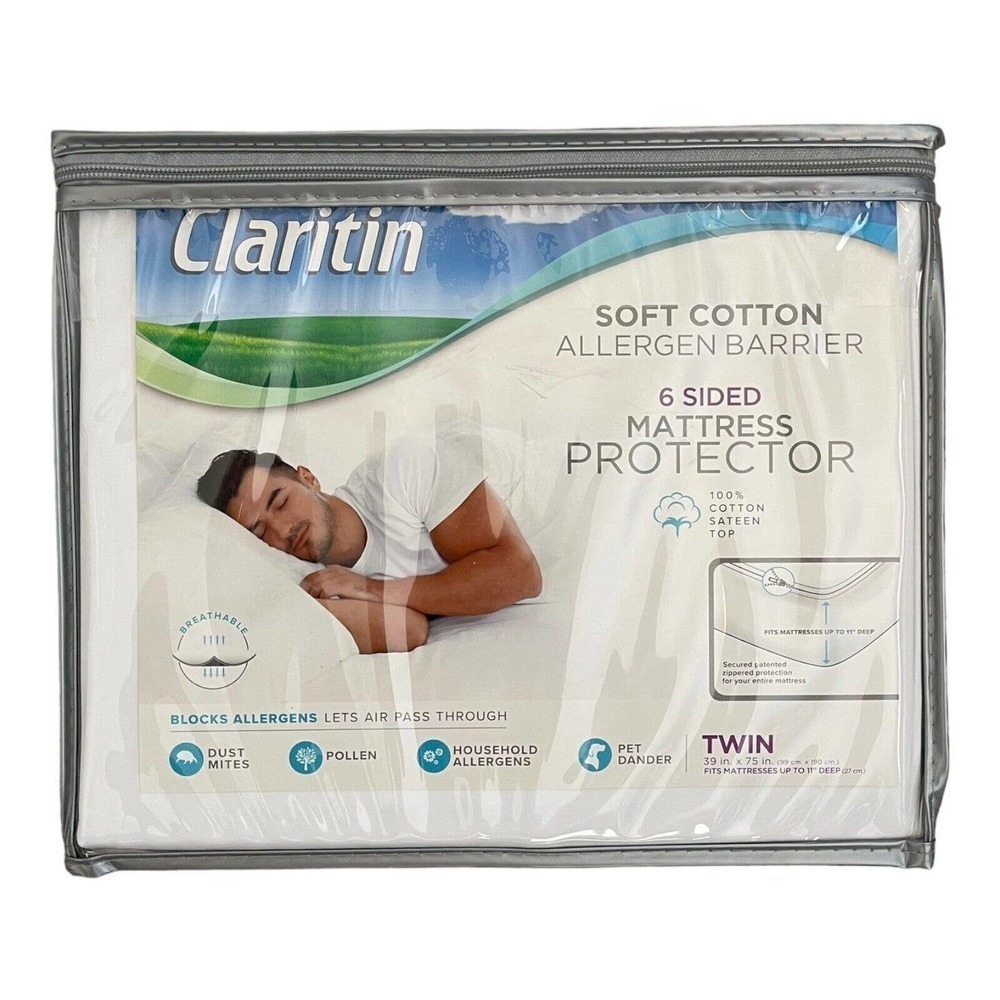 Claritin Mattress Protector Ultimate 6 Sided Twin White Cotton Allergen Barrier
